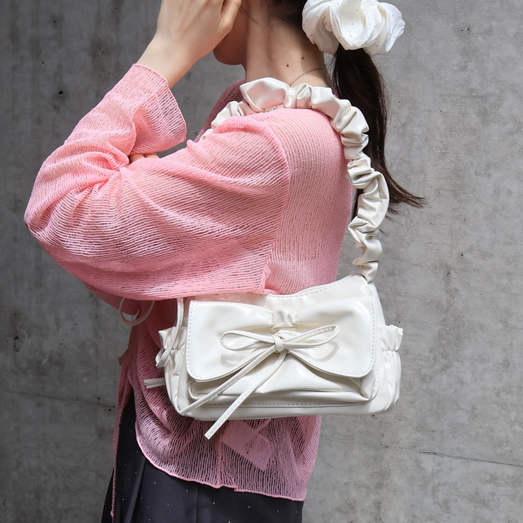H-26) ギャザーリボン2WAYコンパクトショルダーバッグ | ビーズ