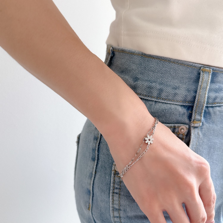 B-180) フラワー2連ブレスレット/ ステンレス | ビーズ・パーツなどの