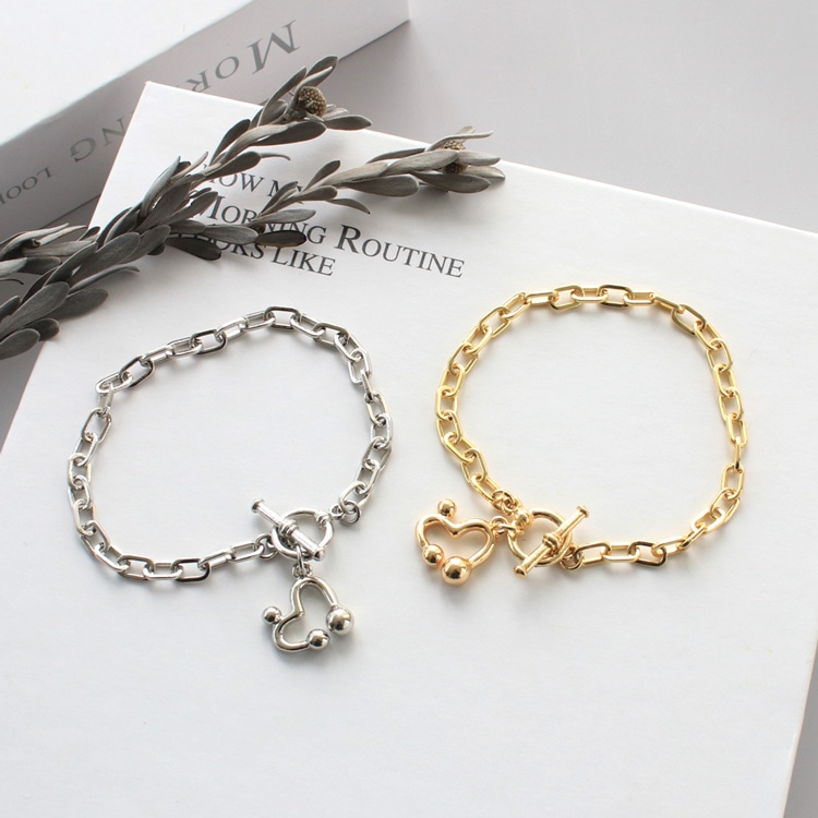 ブレスレット ゴールド シルバー ハート ステンレス メタル レディース ゴールド ハート型チャームブレスレット、リング付