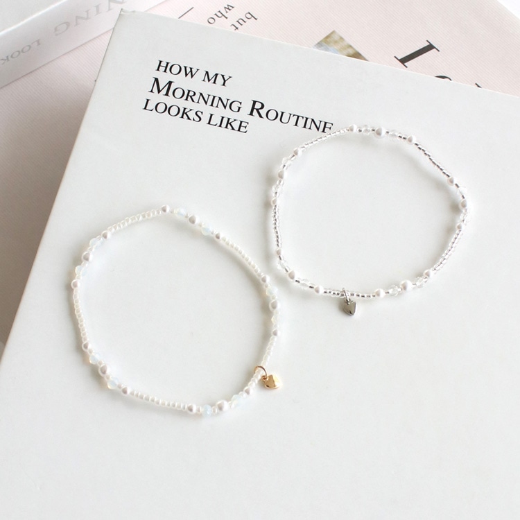 B-189) ハートチャーム付き パール×ビーズブレスレット | ビーズ