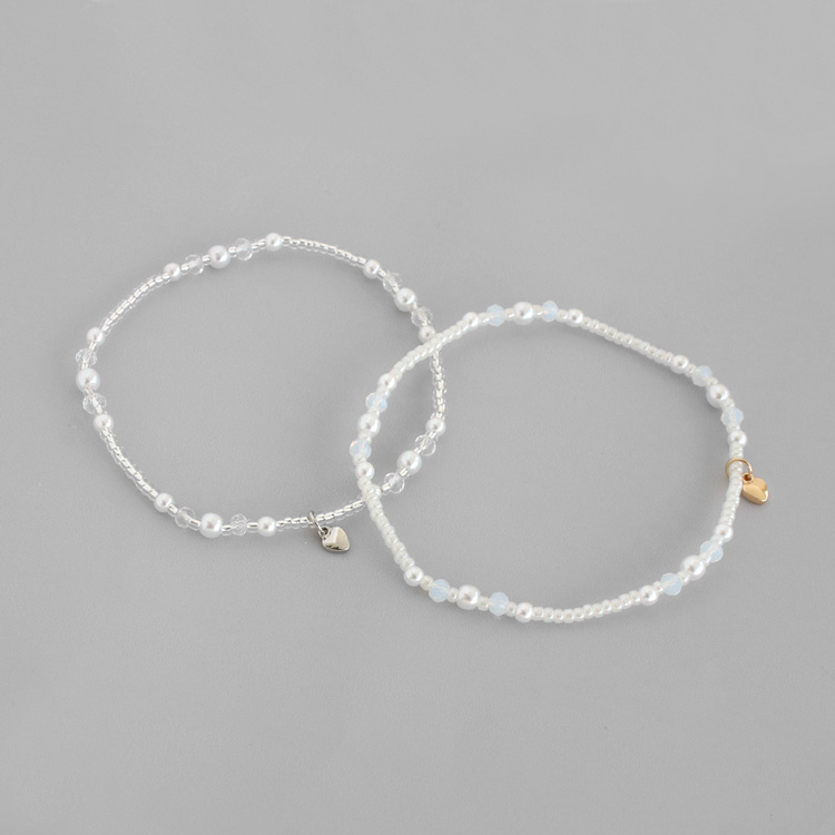 B-189) ハートチャーム付き パール×ビーズブレスレット | ビーズ