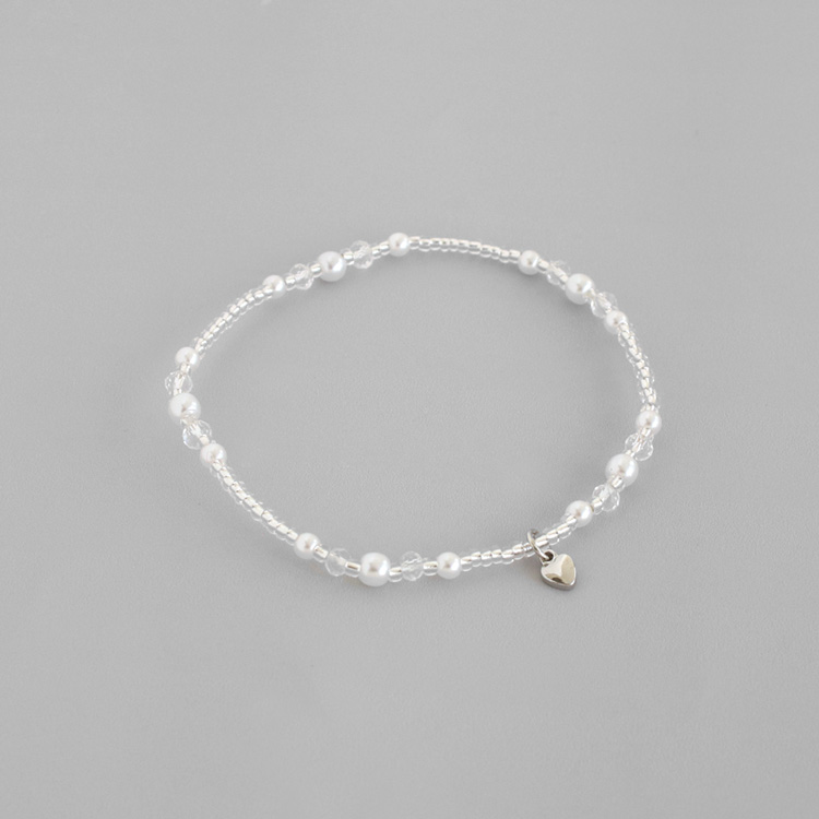 B-189) ハートチャーム付き パール×ビーズブレスレット | ビーズ