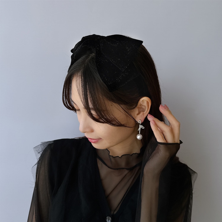 E-810) ビジューリボン×パールイヤリング | ビーズ・パーツなどの