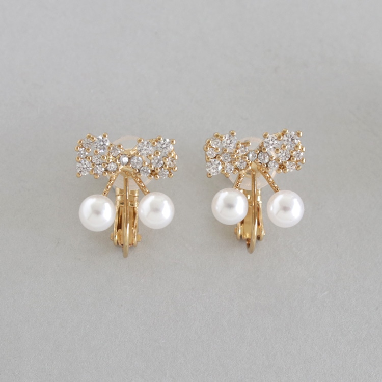 E-857) パールさくらんぼ Tineaイヤリング / キュービックジルコニア