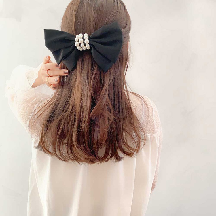 V-316) センターパールリボンバレッタ | ビーズ・パーツなどの