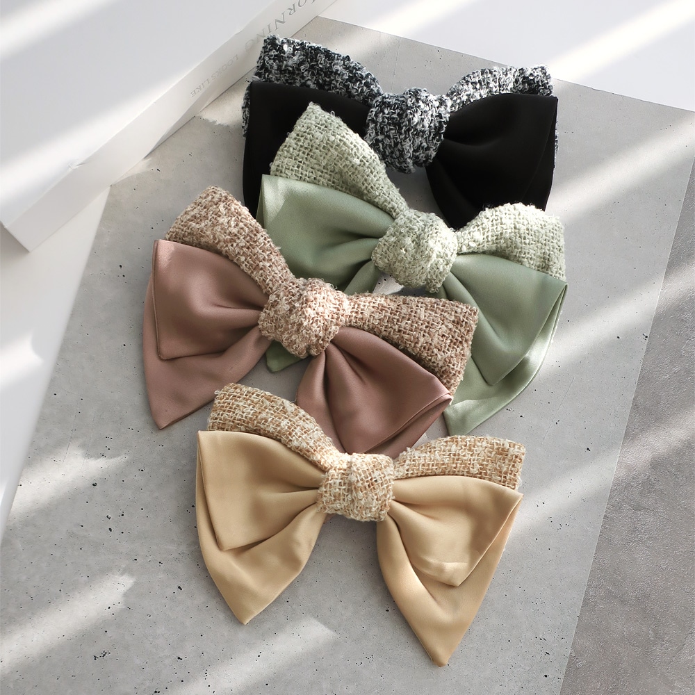 V-466) ツイード×サテンリボンバレッタ | ビーズ・パーツなどの