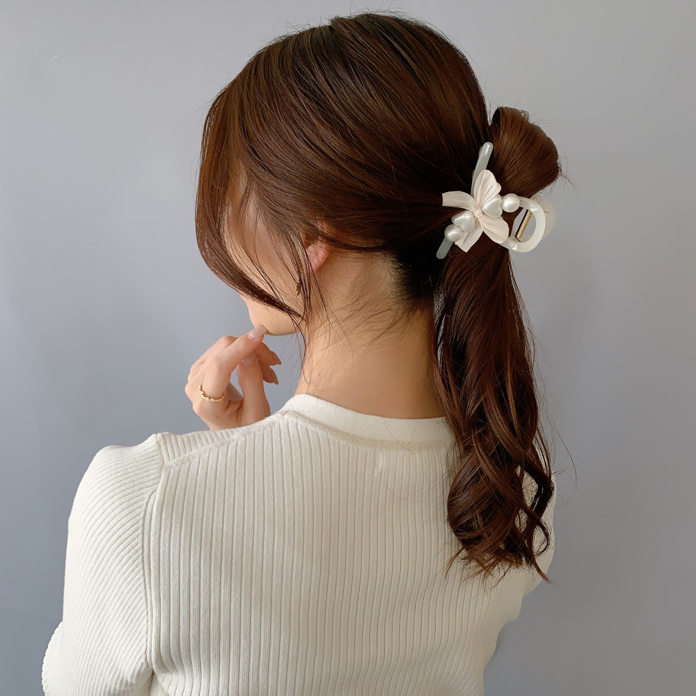 V-550) パール付きリボンバンスクリップ | ビーズ・パーツなどの