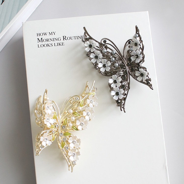 V-568) パールフラワー×バタフライバンスクリップ | ビーズ
