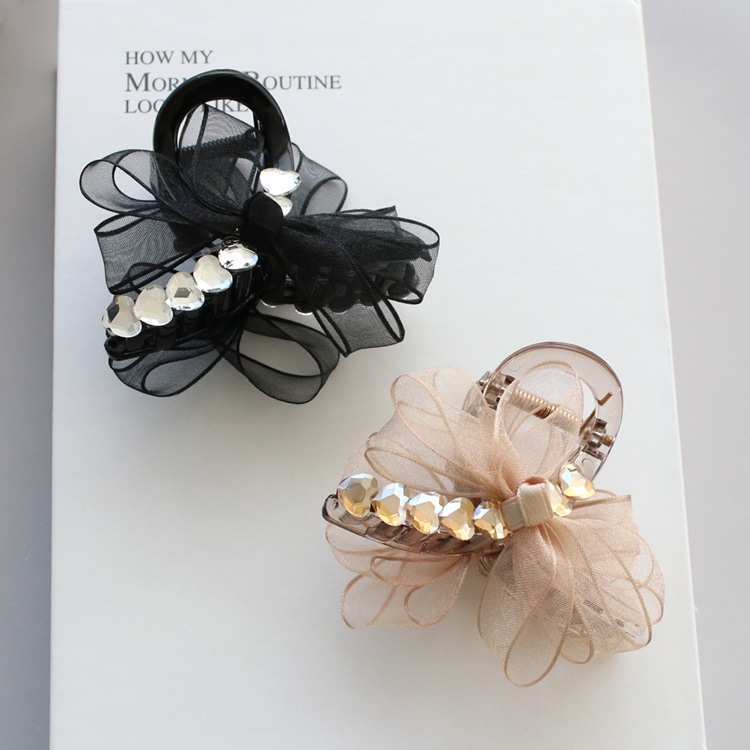 V-613) シアーリボン＆ハートストーンバンスクリップ | ビーズ・パーツ