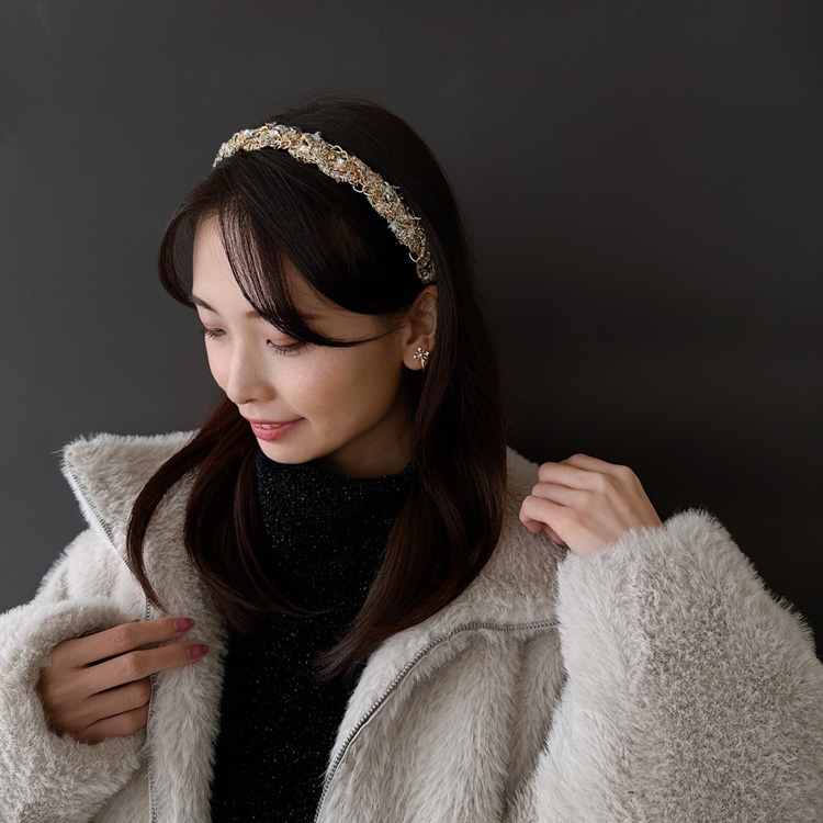 K-264) ツイード×チェーンカチューシャ | ビーズ・パーツなどの