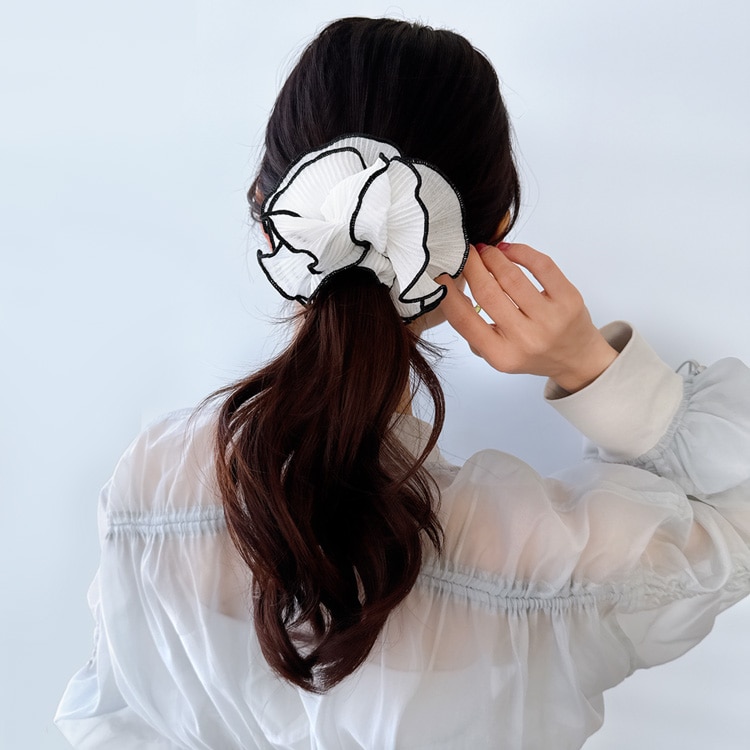 S-707) バイカラーパイピングプリーツシュシュ | ビーズ・パーツなどの