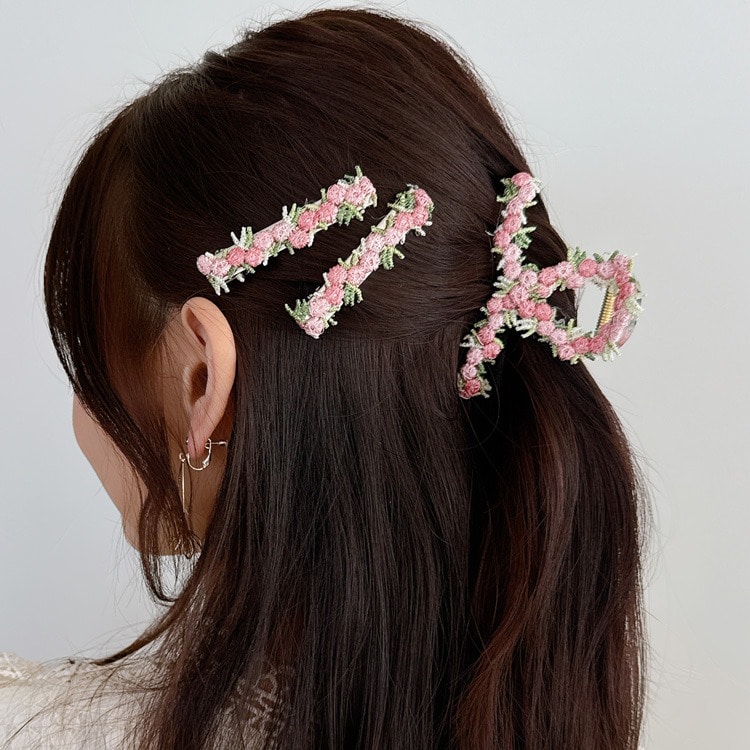 V-690) フラワー刺繍ミニバンスクリップ | ビーズ・パーツなどの