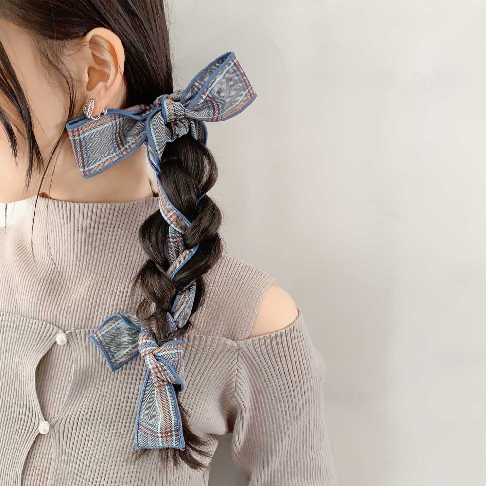 S-456) チェック柄ロングリボンシュシュ | ビーズ・パーツなどの