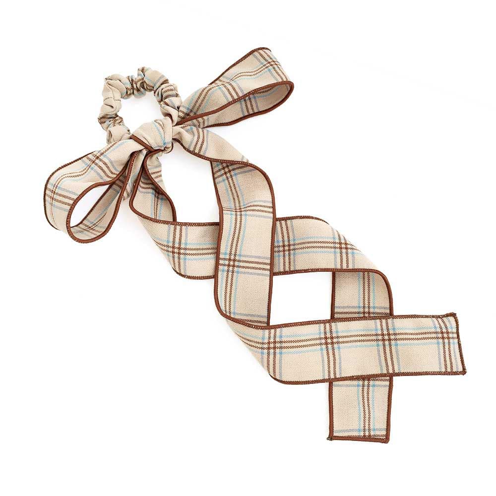 リボン付きシュシュ ベージュ チェック柄 リボン付きシュシュ ベージュ チェック柄
