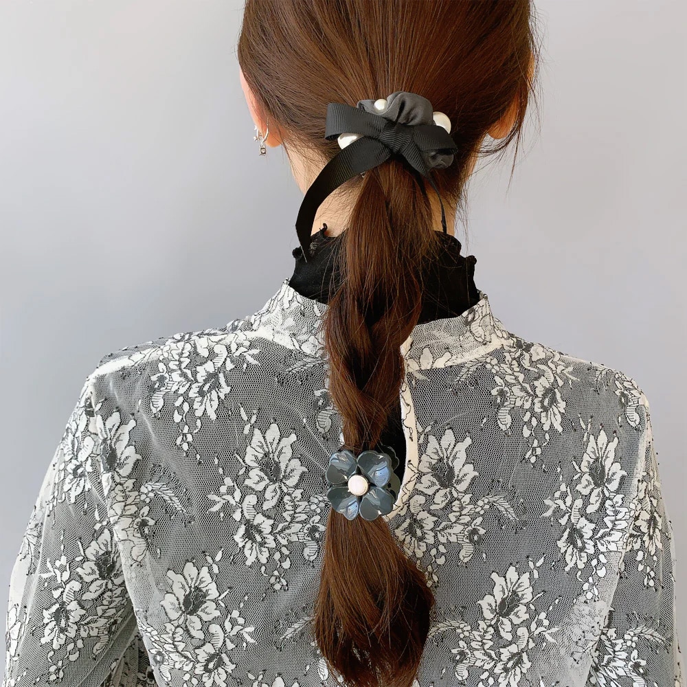 S-612) パール付リボンシュシュ | ビーズ・パーツなどのハンドメイド