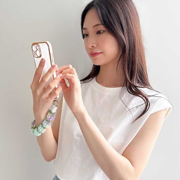 T-40) ホルダー付きマクラメスマホストラップ / フラワー | ビーズ