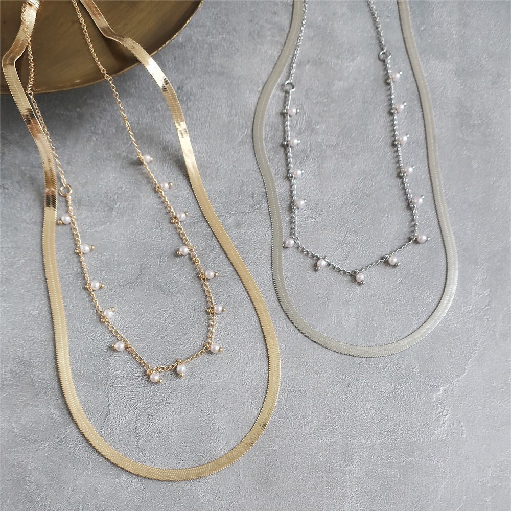 N-256) メタル×パール2連ネックレス | ビーズ・パーツなどの