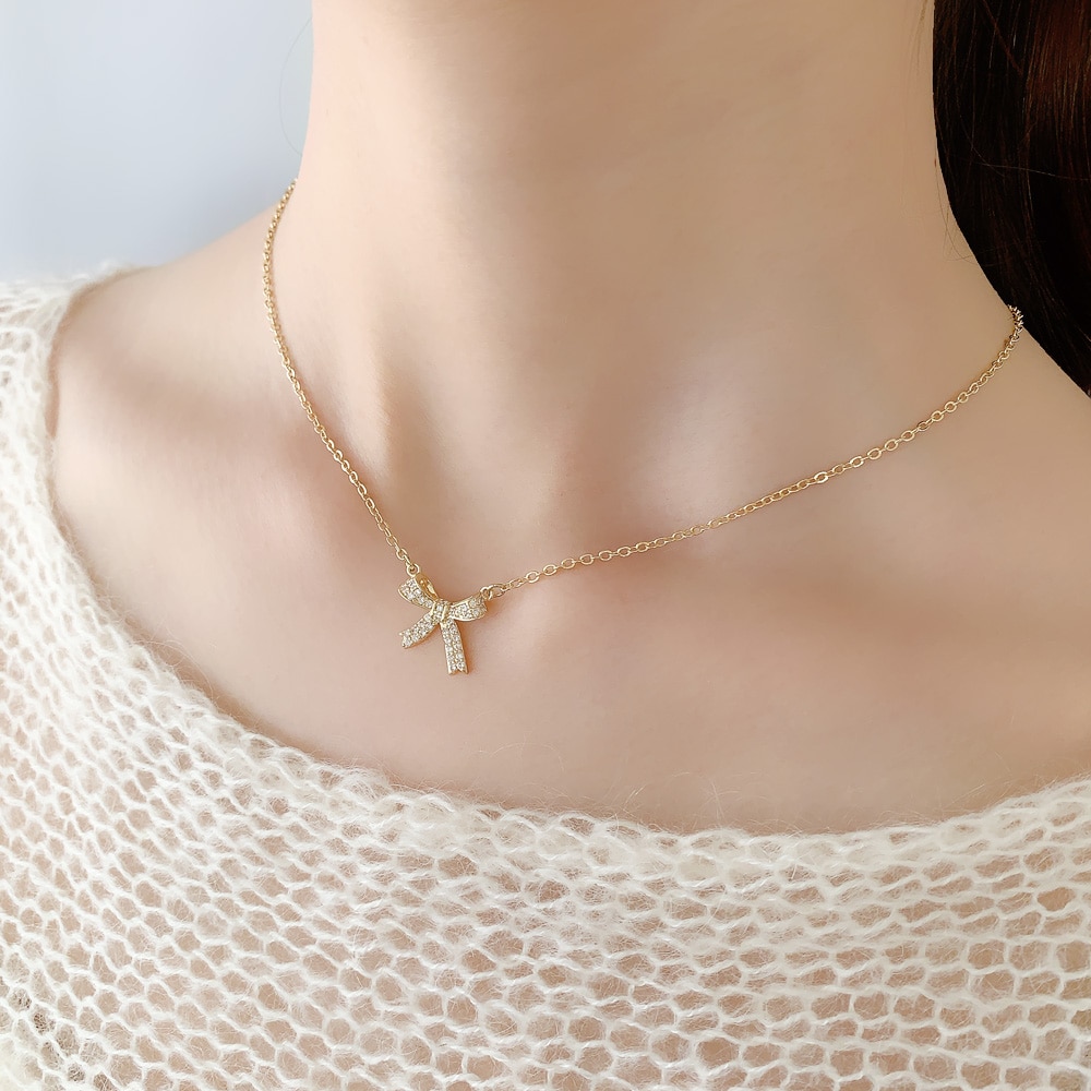 N-320) リボンモチーフネックレス / ニッケルフリー / キュービック