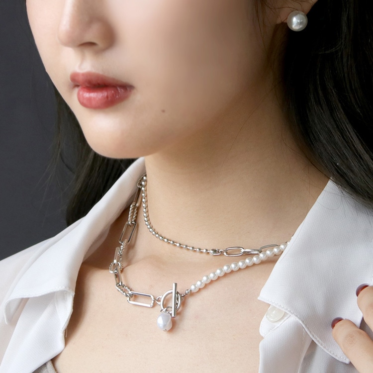 N-391) 2wayパール×デザインチェーンマンテルネックレス | ビーズ