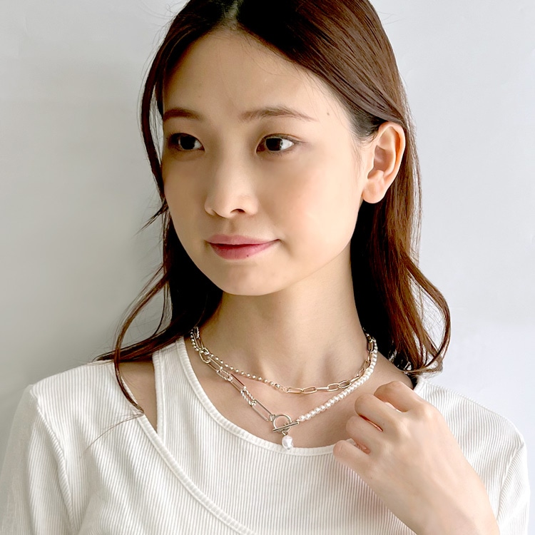 N-346) 2wayパール×デザインチェーンマンテルネックレス