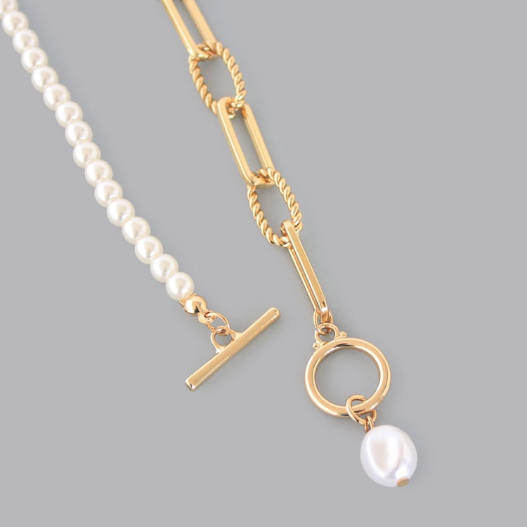 N-346) 2wayパール×デザインチェーンマンテルネックレス