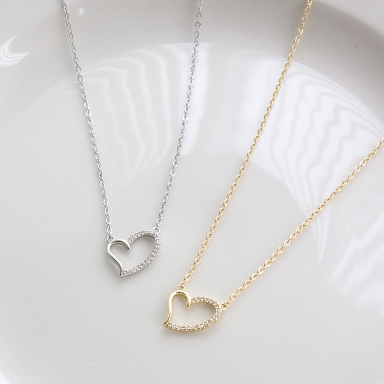 N-365) ハーフビジューハートネックレス / キュービックジルコニア