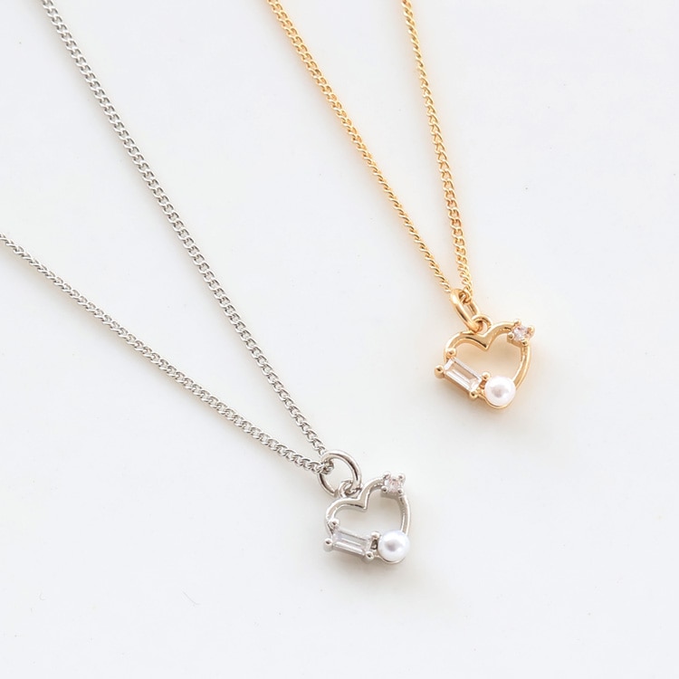 N-287) パール付ハートネックレス | ビーズ・パーツなどのハンドメイド