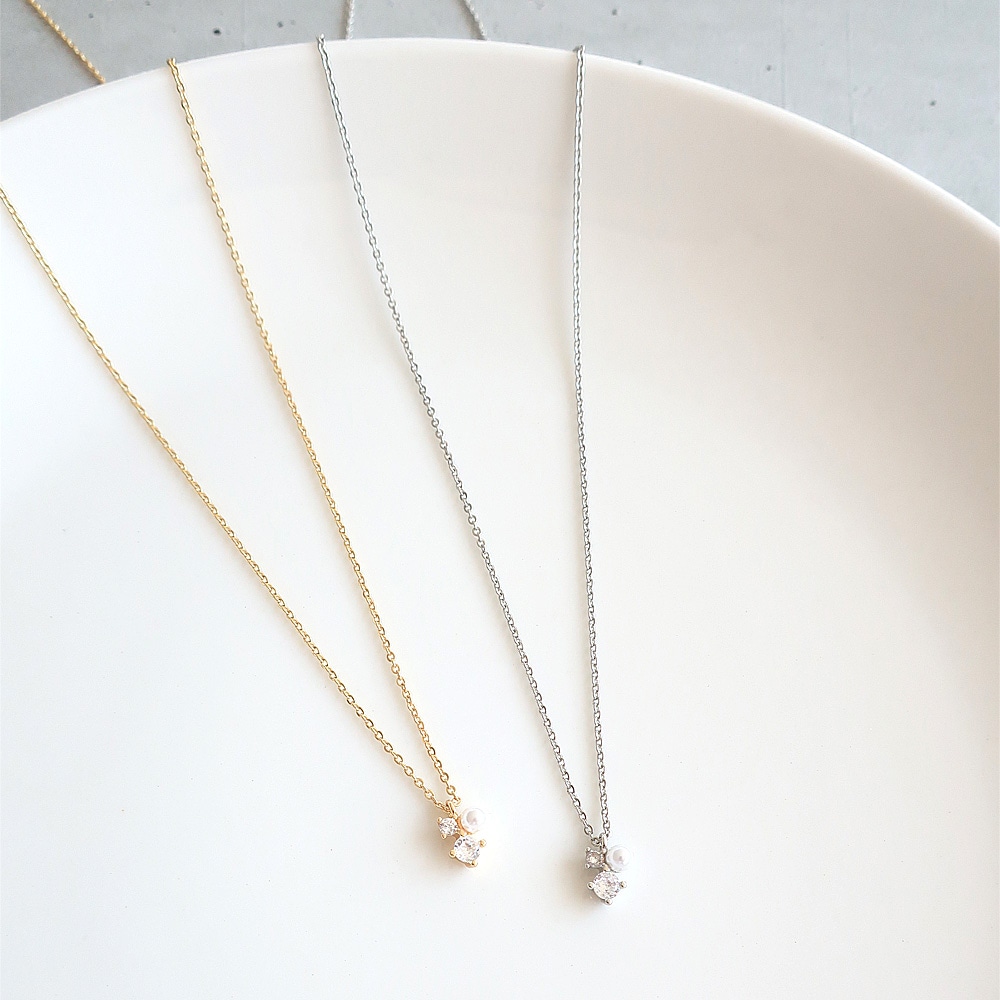 N-249) ストーン×パールネックレス / ニッケルフリー / キュービック