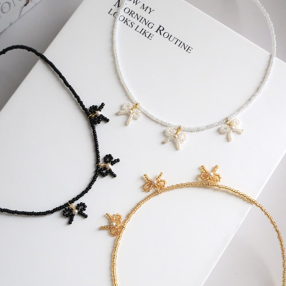 N-301) ビーズリボンネックレス | ビーズ・パーツなどのハンドメイド