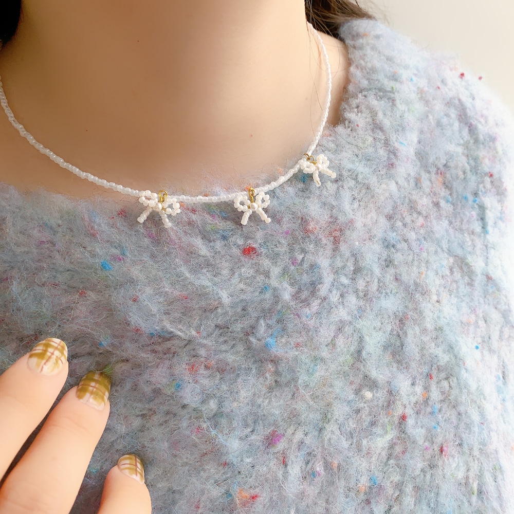 N-301) ビーズリボンネックレス | ビーズ・パーツなどのハンドメイド