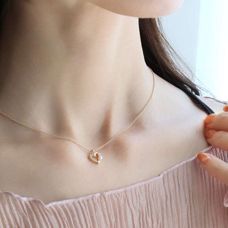 N-439) パール×ビジューオープンハートネックレス / キュービック