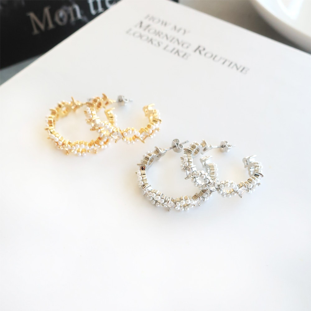 P-1027) パール×ビジューチタンピアス / キュービックジルコニア 