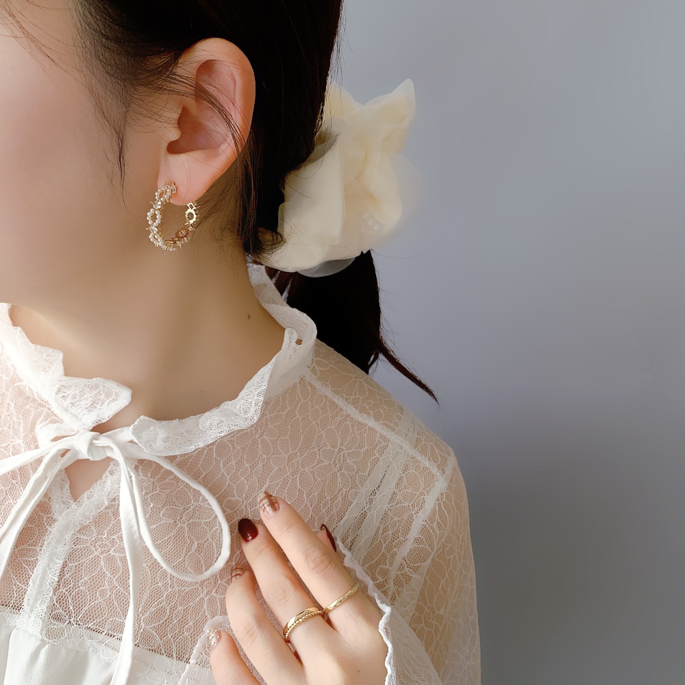 P-1027) パール×ビジューチタンピアス / キュービックジルコニア 