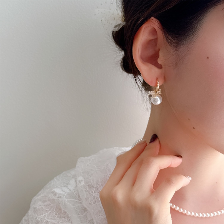 P-1214) ビジューリボンパールピアス / キュービックジルコニア