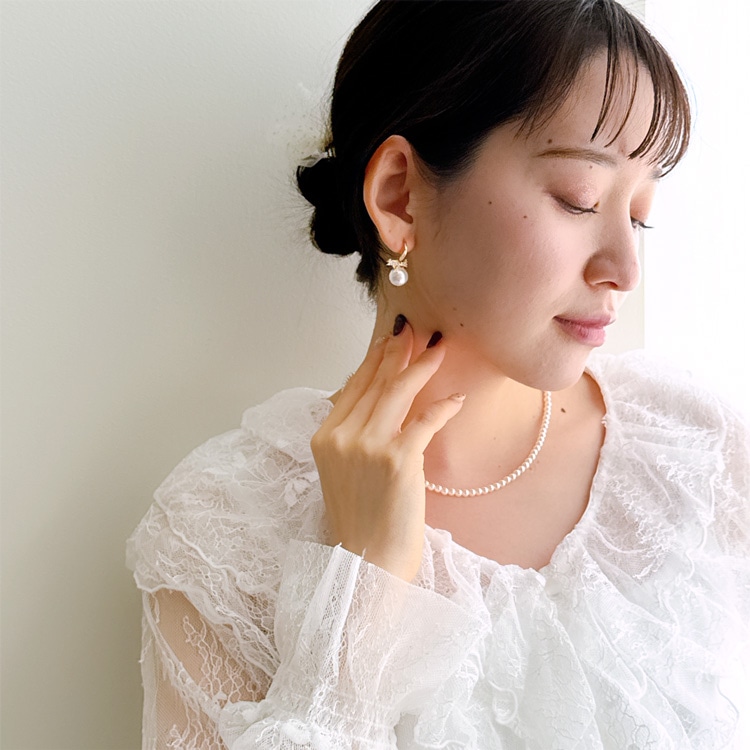 P-1214) ビジューリボンパールピアス / キュービックジルコニア