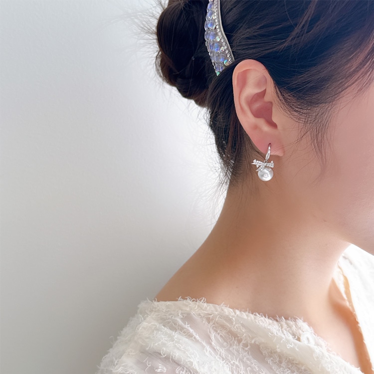 P-1214) ビジューリボンパールピアス / キュービックジルコニア