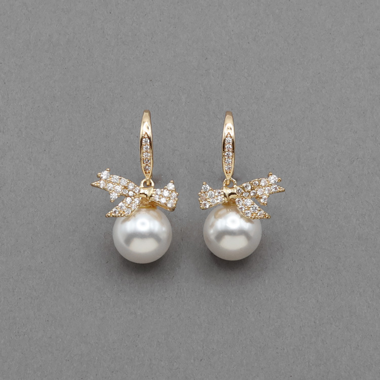 P-1214) ビジューリボンパールピアス / キュービックジルコニア