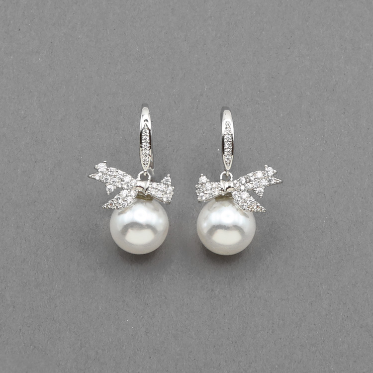 P-1214) ビジューリボンパールピアス / キュービックジルコニア