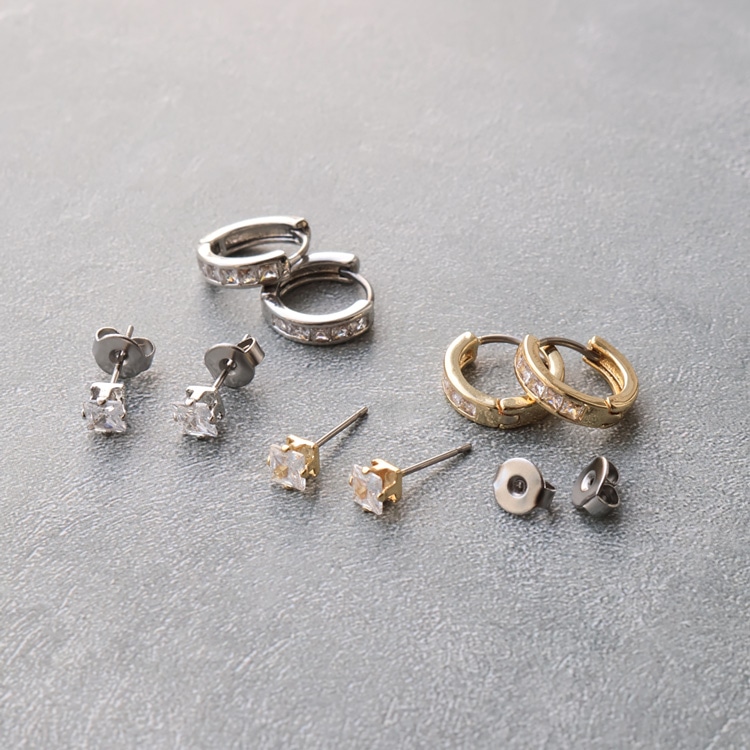 P-1240) キュービックジルコニア×フープセットピアス / ステンレス