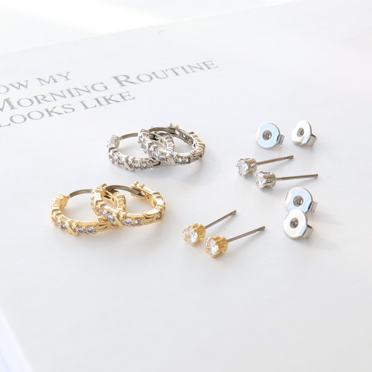 P-1243) フープ＆一粒セットピアス / キュービックジルコニア