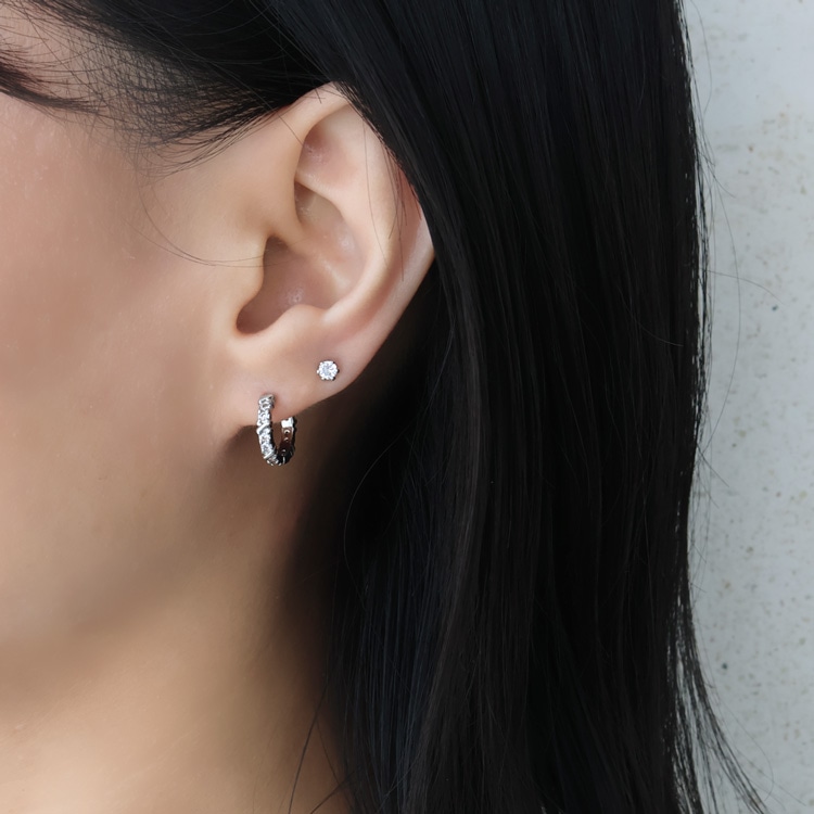 P-1243) フープ＆一粒セットピアス / キュービックジルコニア