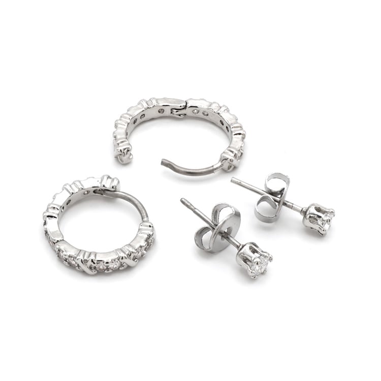 P-1243) フープ＆一粒セットピアス / キュービックジルコニア