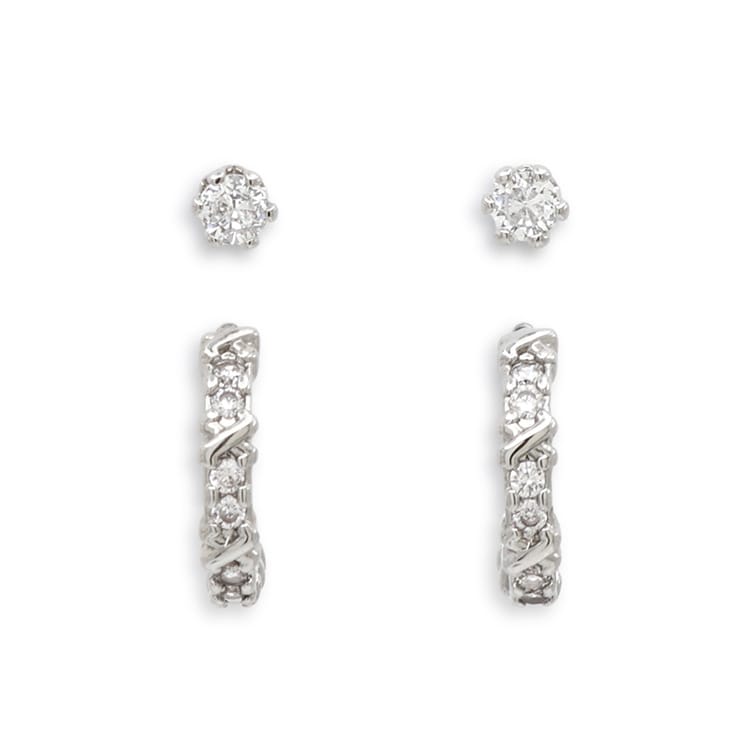 P-1243) フープ＆一粒セットピアス / キュービックジルコニア