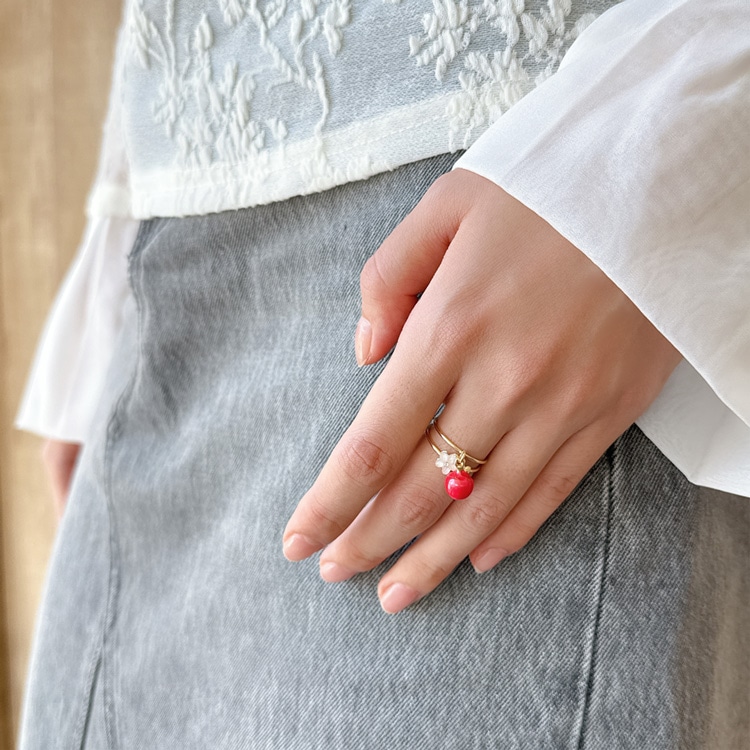 R-505) フラワー×リンゴセットリング | ビーズ・パーツなどの