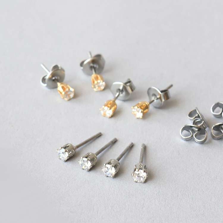 P-1216) 1粒ビジューセットピアス / ステンレス / キュービック