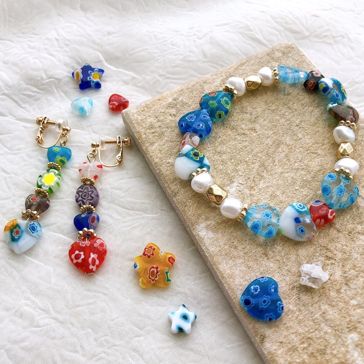 ミルフィオリ ガラス（スター） 01（ミックス） 約8mm｜ガラス素材