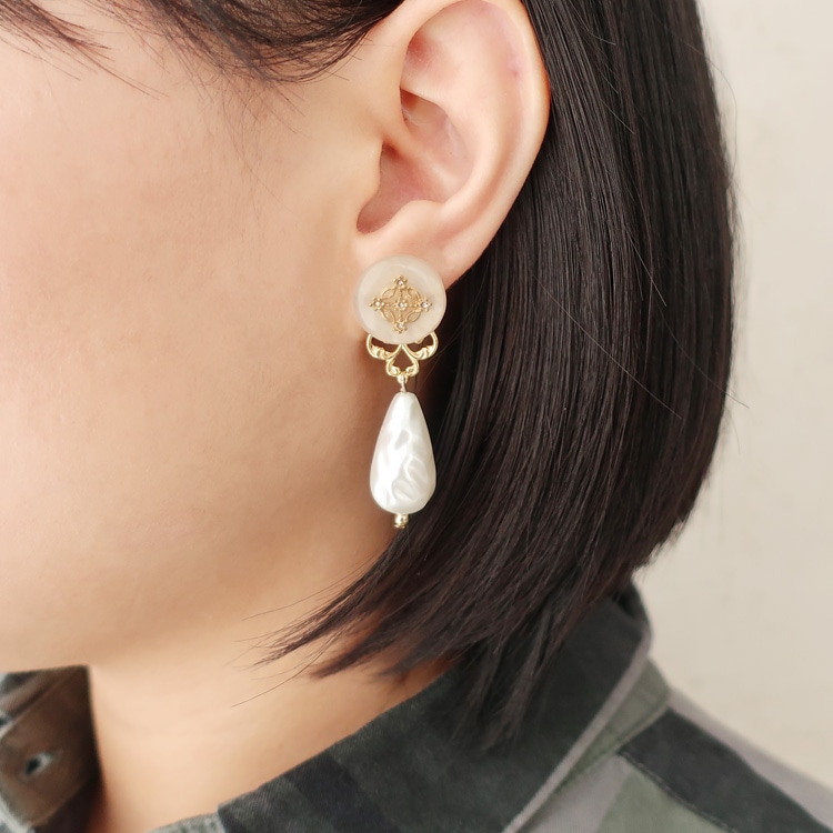 060☻ハンドメイド*アンティークボタン 大理石風 パール クリップ イヤーカフ アンティークボタン風アクセサリー | ビーズ・パーツなどの