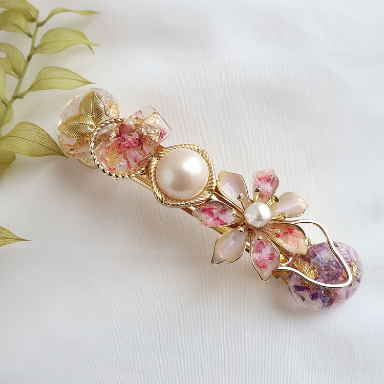 春色 バレッタ ☆ ドライフラワー レジン ヘアクリップ ヘアピン
