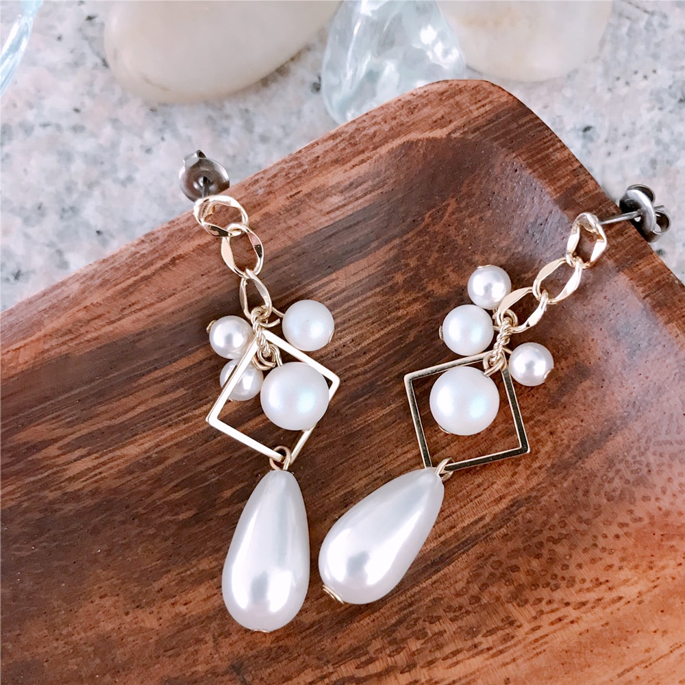 ドロップパール＆スクエアピアス | ビーズ・パーツなどのハンドメイド